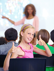 Image showing Thumbs up, classroom and girl portrait for learning success, support and thank you sign for education, school or geography. Like, yes and achievement hands or emoji of happy child with map teaching