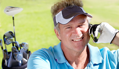 Image showing Golfer man, phone and happy outdoor on call for communication on a golf course. Senior person portrait with smartphone at club to play a sports game on vacation or holiday in nature and retirement