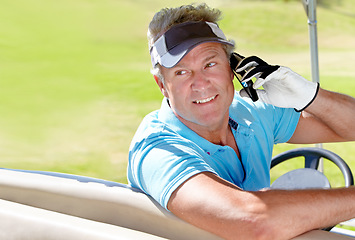 Image showing Phone, man and happy golfer outdoor on a call for communication on a golf course. Senior person with smartphone and transport at club for a sports game on vacation or holiday in nature with mockup