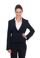 Image showing Portrait, happy and business woman in studio confident, young and empowered on white background. Face, smile and female manager person posing with positivity, proud and professional while isolated