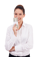 Image showing Portrait, money and happy woman laugh with cash prize, finance award or job salary, income or revenue dollars. Financial freedom achievement, studio winner and business person on white background