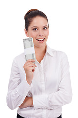 Image showing Portrait, surprise money and studio woman with cash prize, finance award or wow salary, income or revenue dollars. Financial freedom achievement, OMG winner and business person on white background