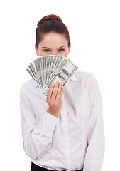 Image showing Portrait, studio money and hidden woman with cash prize, dollar bills giveaway or job salary, income or revenue. Financial freedom success, winner and professional person isolated on white background