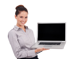 Image showing Laptop screen, studio and happy portrait woman with corporate mock up for online advertising, branding or logo . Professional, smile and person with website presentation isolated on white background