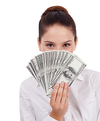 Image showing Face portrait, money and hidden woman with lotto award win, dollar bills giveaway or studio investment, savings or revenue. Financial freedom success, winner and person isolated on white background