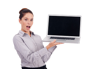 Image showing Laptop screen, business surprise and portrait woman with studio mockup shock over online feedback notification. Wow news, OMG and female employee with promo presentation isolated on white background