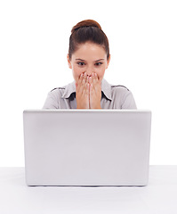 Image showing Laptop, surprise and corporate woman reading business feedback notification, winner announcement or OMG news. Wow achievement, online info and shocked studio person isolated on white background