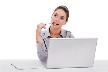 Image showing Laptop, thinking and business woman with studio decision, brainstorming ideas and question problem solving plan. Planning, online research project and professional person isolated on white background