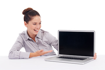 Image showing Laptop screen gesture, business mockup and happy woman with brand promotion, announcement or email notification. Studio, branding and person with online presentation isolated on white background