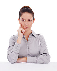 Image showing Professional, portrait and serious woman focus on corporate work, business management or career expert. Young female manager, confident agent and face of studio employee isolated on white background