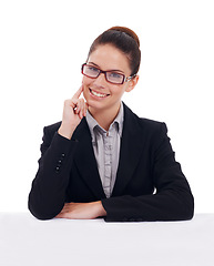 Image showing Studio portrait, happiness and corporate woman, consultant or business agent smile for formal company vocation. Profile picture, happy worker and confident female person isolated on white background