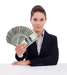 Image showing Studio portrait, money and business woman with lotto award, dollar bills giveaway or cash investment, savings or income. Financial funding, prize giving winner and person isolated on white background