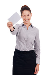 Image showing Business card mockup, portrait and happy woman with studio promotion sign, contact information or advertising placard. Info presentation, branding promo space and person isolated on white background