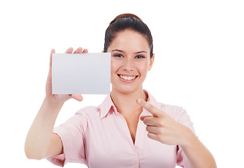 Image showing Mockup, business card and promotion with portrait of woman in studio for idea, networking and idea. Corporate, signage and happy with employee and paper on white background for news and presentation