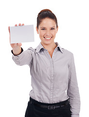 Image showing Mockup, paper and portrait of woman in studio for idea, networking and idea. Corporate, signage and happy with female employee and business card on white background for news and presentation