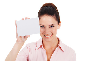 Image showing Mockup, business card and smile with portrait of woman in studio for idea, brand and space. Corporate, signage and happy with female employee and paper on white background for news and presentation