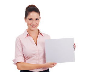 Image showing Mockup, paper and poster with portrait of woman in studio for idea, promotion and show. Corporate, signage and happy with female employee and card on white background for news and presentation