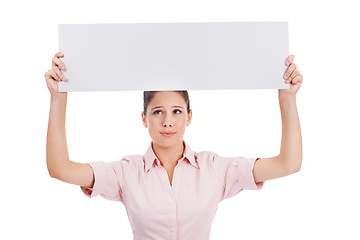 Image showing Banner mockup, thinking and business woman looking at announcement sign, corporate information or company news. Brand signage, ideas and professional studio person isolated on white background