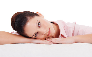 Image showing Portrait, board and woman leaning in studio isolated on a white background. Face, mockup poster and female person with copy space, advertising placard and marketing, commercial promotion and branding