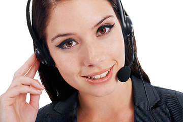 Image showing Woman, studio headshot and smile for call center job for customer service, telemarketing or listening. Isolated girl, tech support and headphones with mic, consulting or happy crm by white background