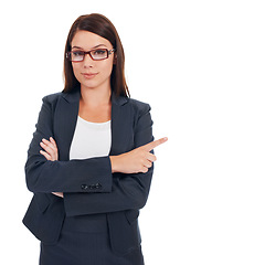 Image showing Studio portrait, arms crossed and business woman point at mockup space, promotion info or sales notification. Branding, corporate presentation gesture and female brand ambassador on white background