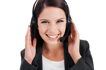 Image showing Portrait, consultant and woman with telemarketing, customer service and employee isolated against white studio background. Face, female person or operator with a headset, tech support and call center