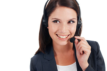 Image showing Customer support communication, studio face or happy woman talking on conversation, telecom headset or networking. Callcenter person, contact us CRM or insurance agent with advice on white background