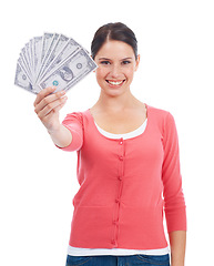 Image showing Finance, money and winner with portrait of woman for investment, success and growth. Cash, dollar and happy face of girl customer isolated on white background for financial, deal and promotion