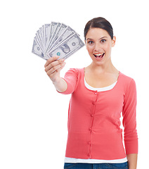 Image showing Wow, money and winner with portrait of woman for investment, success and growth. Cash, dollar and finance with face of girl customer isolated on white background for financial, deal and promotion