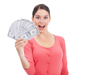 Image showing Wow, cash and finance with portrait of woman for investment, success and growth. Money, dollar and wow with face of girl customer isolated on white background for financial, deal and promotion