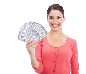 Image showing Finance, money and success with portrait of woman in studio mockup for investment, winner and growth. Cash, dollar and wow with customer isolated on white background for financial, deal and promotion