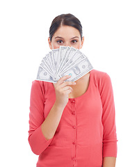 Image showing Cash, deal and finance with portrait of woman for investment, success and growth. Money, dollar and wow with girl customer hiding isolated on white background for financial, winner and promotion