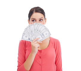 Image showing Growth, finance and success with woman and money for investment, winner and economy. Cash, dollar and wow with face of girl customer isolated on white background for financial, deal and promotion