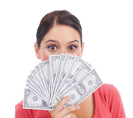 Image showing Finance, money and winner with portrait of woman for investment and success in studio. Cash, dollar and wow with face of girl customer isolated on white background for financial, deal and promotion