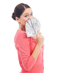 Image showing Finance, money and winner with portrait of woman in studio for investment, success and growth. Cash, dollar and wow with girl customer isolated on white background for financial, deal and promotion