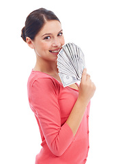 Image showing Happy, money and finance with portrait of woman for investment, success and growth. Cash, dollar and wow with face of girl customer isolated on white background for financial, deal and promotion