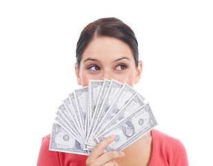 Image showing Thinking, winner and woman with money fan for investment, success and cashback growth. Cash, dollar and ideas for finance customer on isolated white background for financial deal and promotion