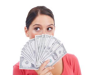 Image showing Goal, winner and finance with woman and money for investment, success and growth. Cash, dollar and wow with face of girl customer isolated on white background for financial, deal and promotion