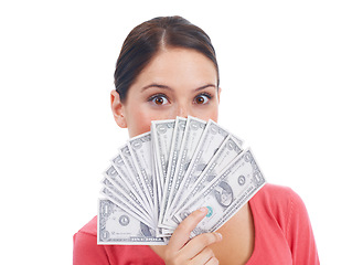 Image showing Finance, money and winner with portrait of woman for investment, success and growth. Cash, dollar and wow with girl customer hiding isolated on white background for financial, deal and promotion