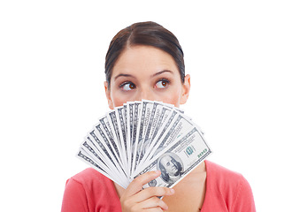 Image showing Thinking, money fan and winner with woman in studio for investment, success and growth. Cash, dollar and hmm with curious customer isolated on white background for financial, sale and planning