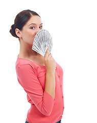 Image showing Winner, money and cashback with portrait of woman and mockup for investment, success and growth. Cash, dollar and excited girl customer isolated on white background for financial, deal and promotion