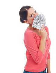 Image showing Money, finance and portrait of woman in studio mockup for investment, success and growth. Cash, dollar and winner with girl customer isolated on white background for financial, deal and promotion