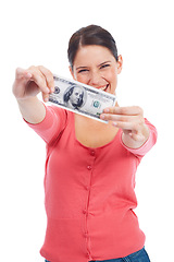 Image showing Finance, money and excited with portrait of woman for investment, success and growth. Cash, dollar and winner with face of girl customer isolated on white background for financial, deal and promotion