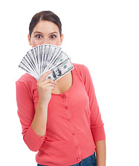 Image showing Cash, happy and success with portrait of woman and mockup for investment, winner and growth. Money, dollar and wow with girl customer isolated on white background for financial, deal and promotion