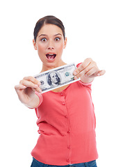 Image showing Winner, wow and money with portrait of woman for investment, success and growth. Cash, dollar and sale with face of girl customer isolated on white background for financial, deal and promotion