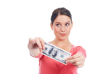 Image showing Thinking woman, money and dollar isolated on white background with mockup for investment, success and growth. Cash, dollar and hmm with curious customer in studio for financial, deal and promotion