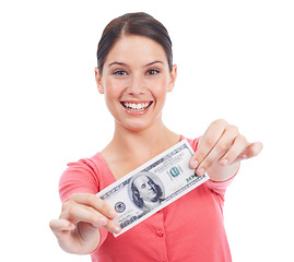 Image showing Money, finance and smile with portrait of woman for investment, success and growth. Cash, dollar and wow with face of girl customer isolated on white background for financial, deal and promotion