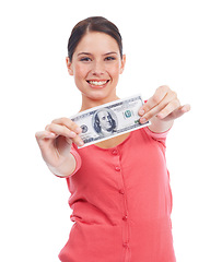 Image showing Happy, smile and money with portrait of woman for investment and success in studio. Cash, dollar and wow with face of girl customer isolated on white background for financial, deal and promotion