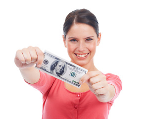 Image showing Finance, money and winner with portrait of woman for investment, success and growth. Cash, dollar and happy with face of girl customer isolated on white background for financial, deal and promotion