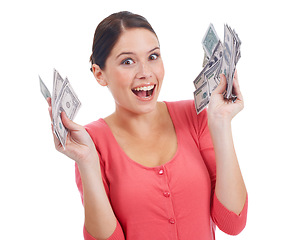 Image showing Sale, money and winner with portrait of woman for investment and success in studio. Cash, dollar and wow with face of girl customer isolated on white background for financial, deal and promotion